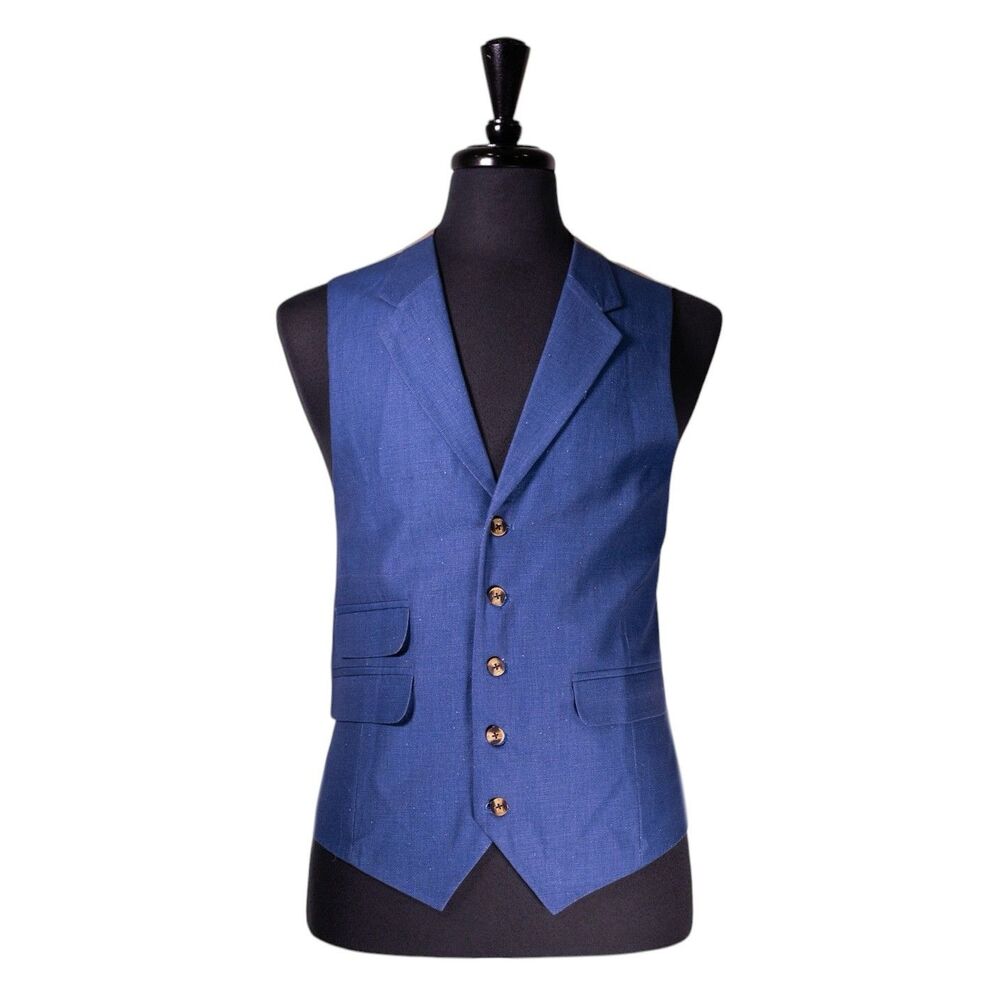 Mens Blue Tan Cotton Vest 46R Waistcoat Wedding Preppy Ivy Casual Notch Lapel